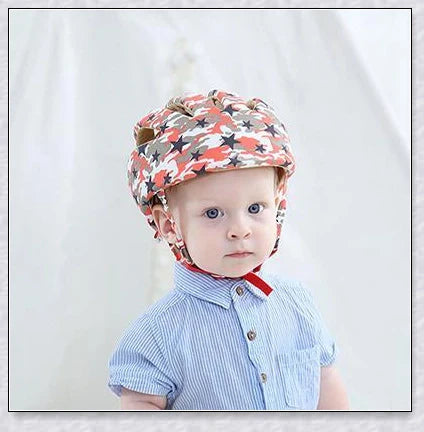 Heavy-duty baby flat head protector helmet in various colours, featuring breathable cotton material, adjustable straps, and shock-absorbing cushions for ultimate safety and comfort.