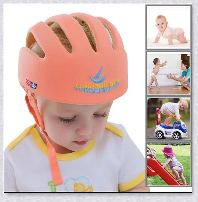 Heavy-duty baby flat head protector helmet in various colours, featuring breathable cotton material, adjustable straps, and shock-absorbing cushions for ultimate safety and comfort.