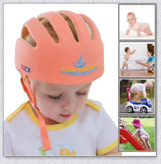 Heavy-duty baby flat head protector helmet in various colours, featuring breathable cotton material, adjustable straps, and shock-absorbing cushions for ultimate safety and comfort.