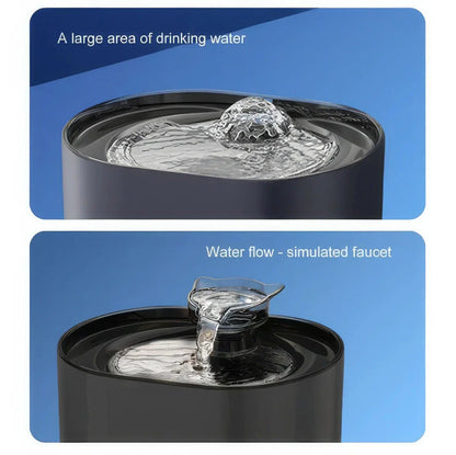 Automatic pet water fountain with 2.2L capacity, providing clean and hygienic drinking water for cats, dogs, and other pets