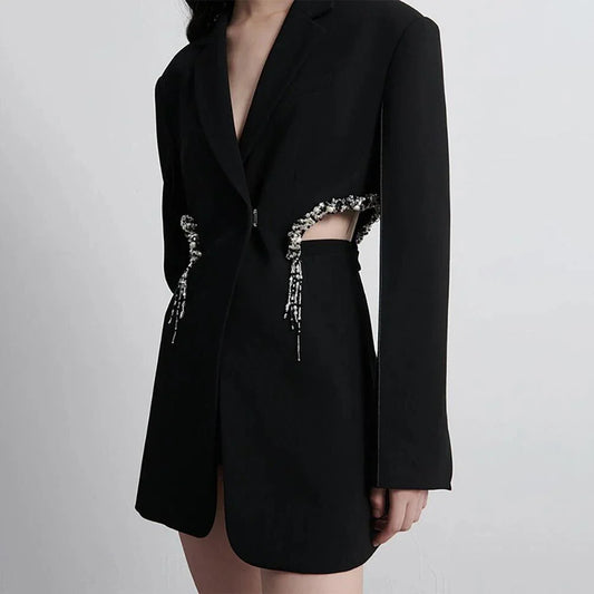 Elegant Hollow Out Crystal-Embellished Women's Blazer in Black, featuring a sleek notched collar, hidden breasted closure, and intricate hollow-out splicing with crystal embellishments.