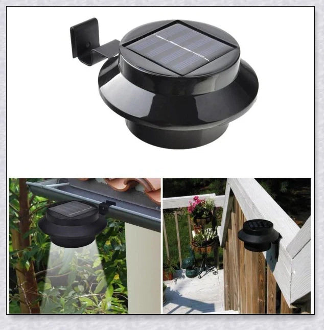 Premium solar-powered gutter lights illuminating an outdoor patio area at night