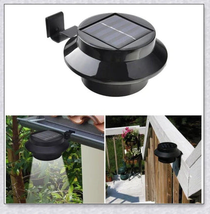 Premium solar-powered gutter lights illuminating an outdoor patio area at night