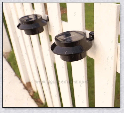 Premium solar-powered gutter lights illuminating an outdoor patio area at night
