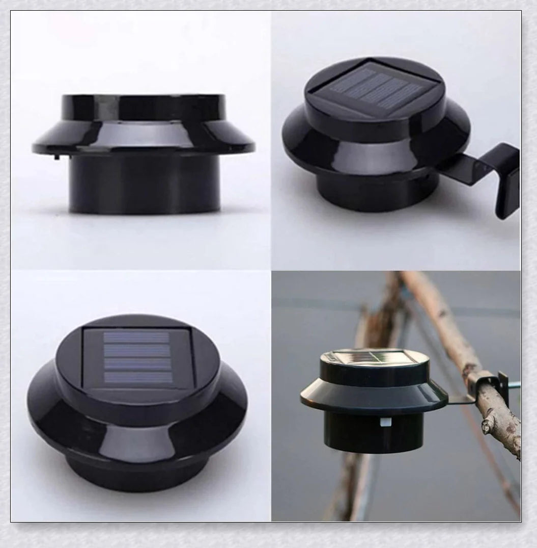 Premium solar-powered gutter lights illuminating an outdoor patio area at night