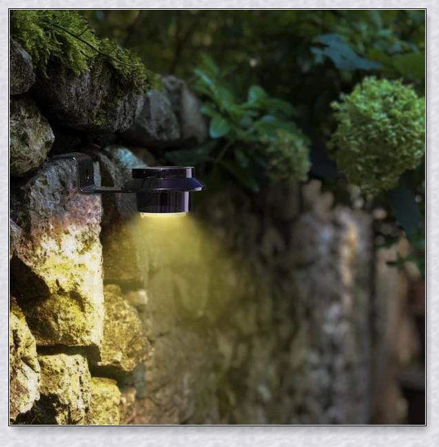 Premium solar-powered gutter lights illuminating an outdoor patio area at night