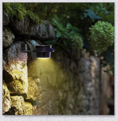 Premium solar-powered gutter lights illuminating an outdoor patio area at night