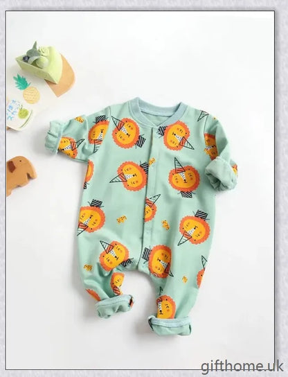 A cosy baby romper with charming cartoon designs, made from soft and breathable cotton fabric.