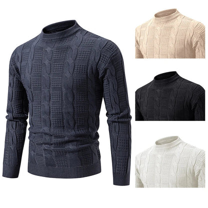Men's round neck pullover knitwear with twisted detailing, available in classic colours