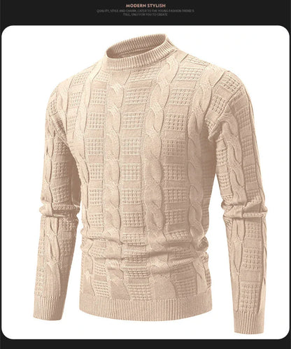Men's round neck pullover knitwear with twisted detailing, available in classic colours