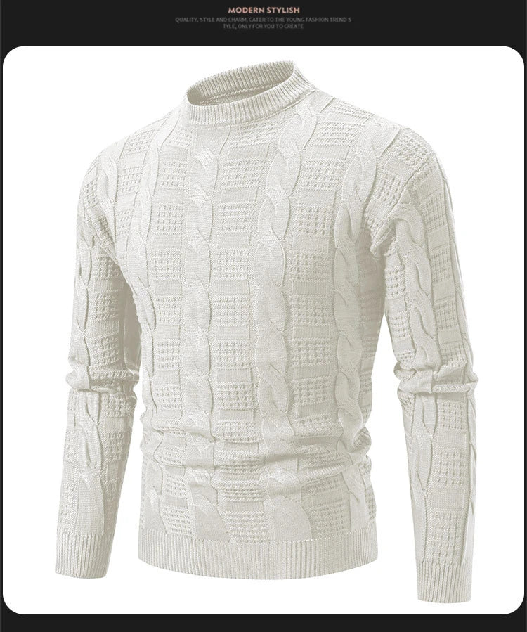 Men's round neck pullover knitwear with twisted detailing, available in classic colours