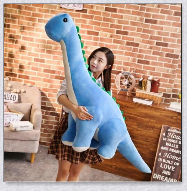 A plush Brachiosaurus dinosaur with a long neck, soft and cuddly body, and intricate details