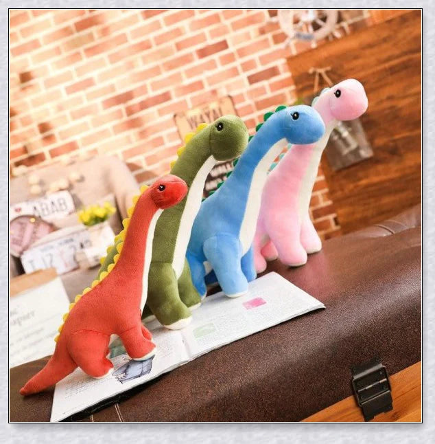 A plush Brachiosaurus dinosaur with a long neck, soft and cuddly body, and intricate details