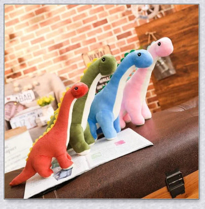 A plush Brachiosaurus dinosaur with a long neck, soft and cuddly body, and intricate details