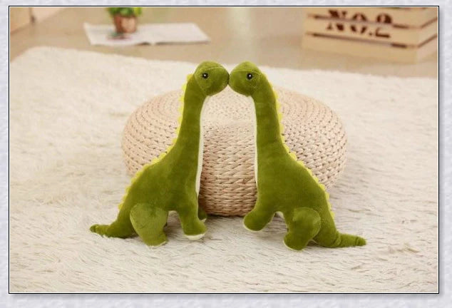 A plush Brachiosaurus dinosaur with a long neck, soft and cuddly body, and intricate details