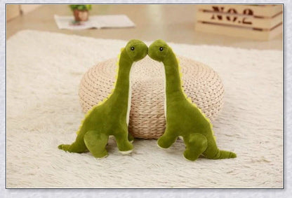A plush Brachiosaurus dinosaur with a long neck, soft and cuddly body, and intricate details