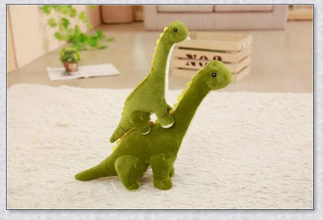 A plush Brachiosaurus dinosaur with a long neck, soft and cuddly body, and intricate details