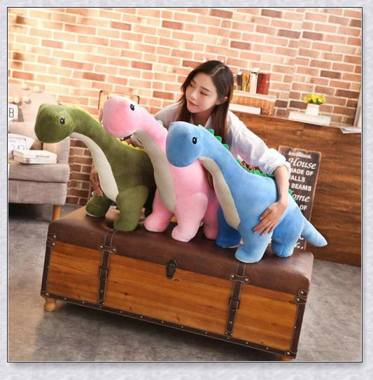 A plush Brachiosaurus dinosaur with a long neck, soft and cuddly body, and intricate details