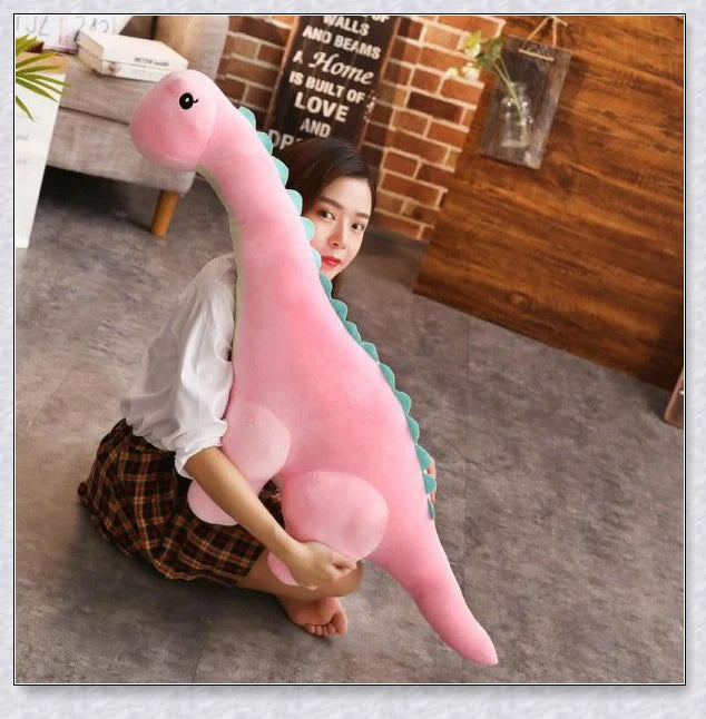 A plush Brachiosaurus dinosaur with a long neck, soft and cuddly body, and intricate details