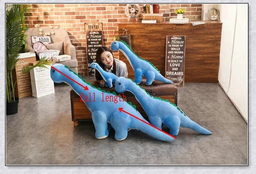 A plush Brachiosaurus dinosaur with a long neck, soft and cuddly body, and intricate details