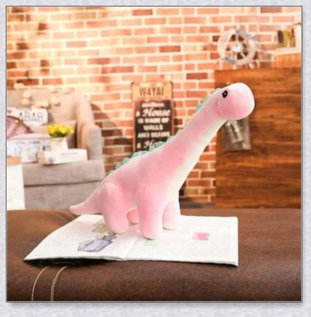 A plush Brachiosaurus dinosaur with a long neck, soft and cuddly body, and intricate details