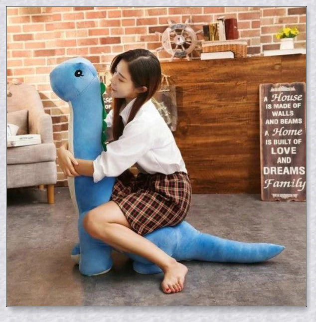 A plush Brachiosaurus dinosaur with a long neck, soft and cuddly body, and intricate details