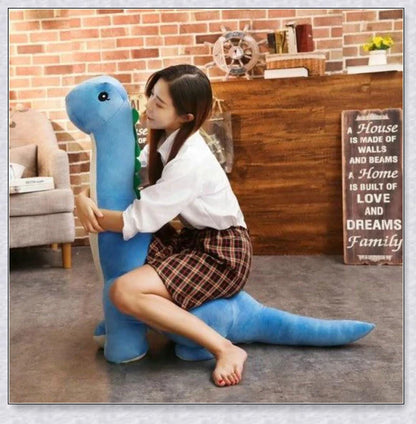 A plush Brachiosaurus dinosaur with a long neck, soft and cuddly body, and intricate details