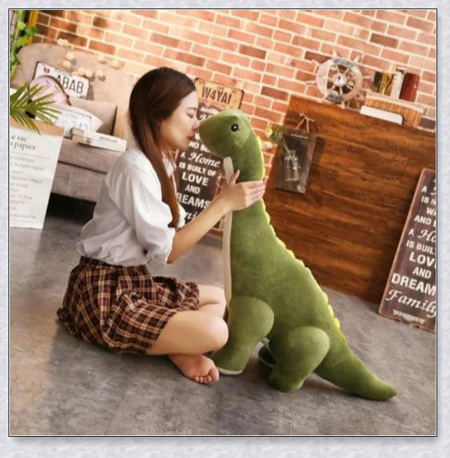 A plush Brachiosaurus dinosaur with a long neck, soft and cuddly body, and intricate details