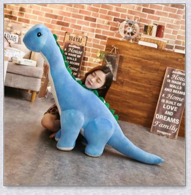 A plush Brachiosaurus dinosaur with a long neck, soft and cuddly body, and intricate details