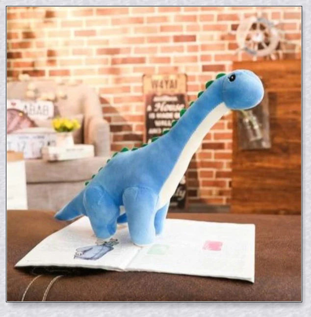 A plush Brachiosaurus dinosaur with a long neck, soft and cuddly body, and intricate details