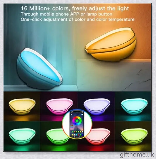 A modern night light with 16 colour options, Wifi connectivity, and app control for a captivating, ambient glow in any room.