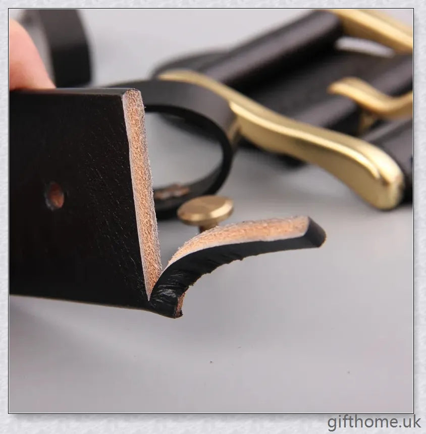 Premium leather men's belt with brass buckle and denim-inspired design, crafted in the UK for exceptional quality and style.