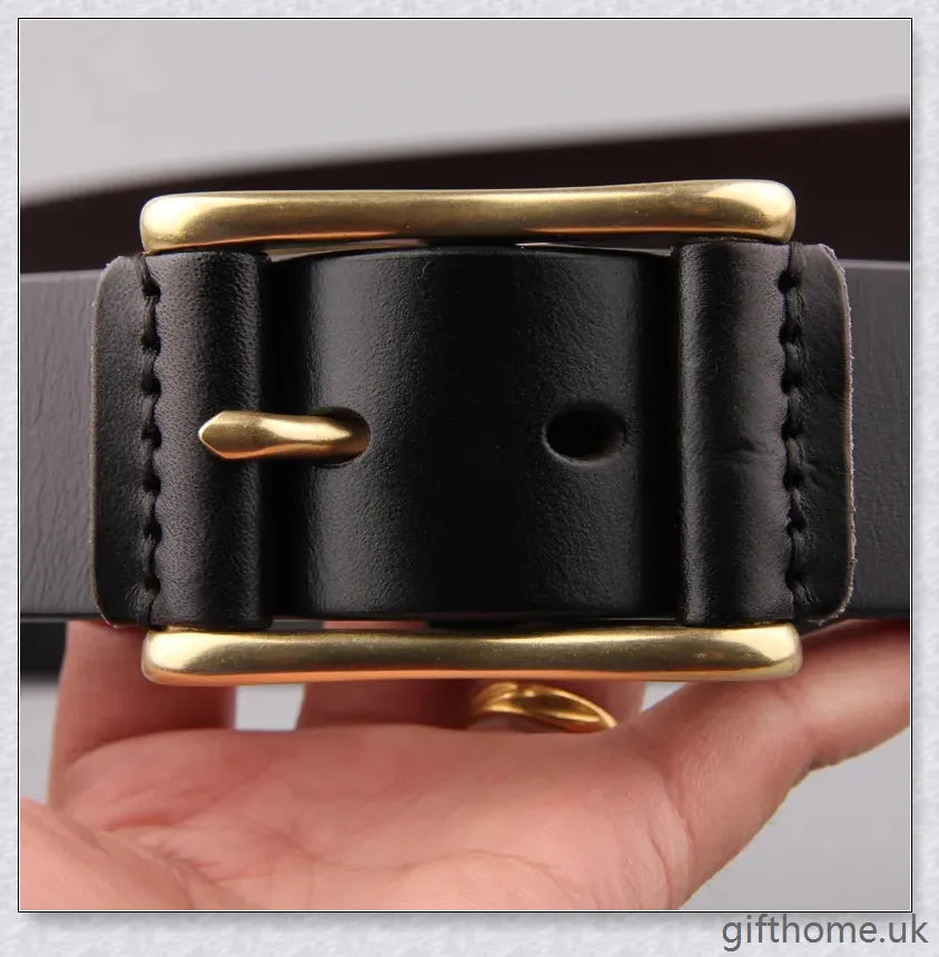 Premium leather men's belt with brass buckle and denim-inspired design, crafted in the UK for exceptional quality and style.