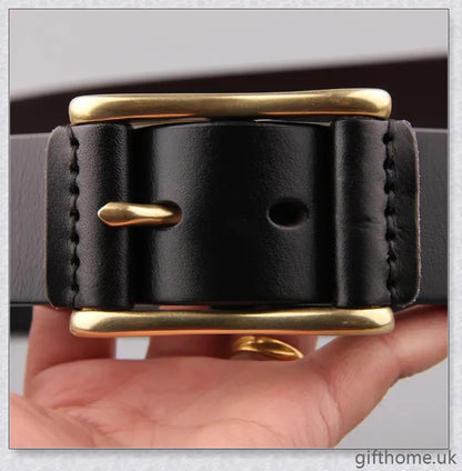 Premium leather men's belt with brass buckle and denim-inspired design, crafted in the UK for exceptional quality and style.