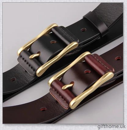 Premium leather men's belt with brass buckle and denim-inspired design, crafted in the UK for exceptional quality and style.