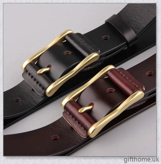 Premium leather men's belt with brass buckle and denim-inspired design, crafted in the UK for exceptional quality and style.