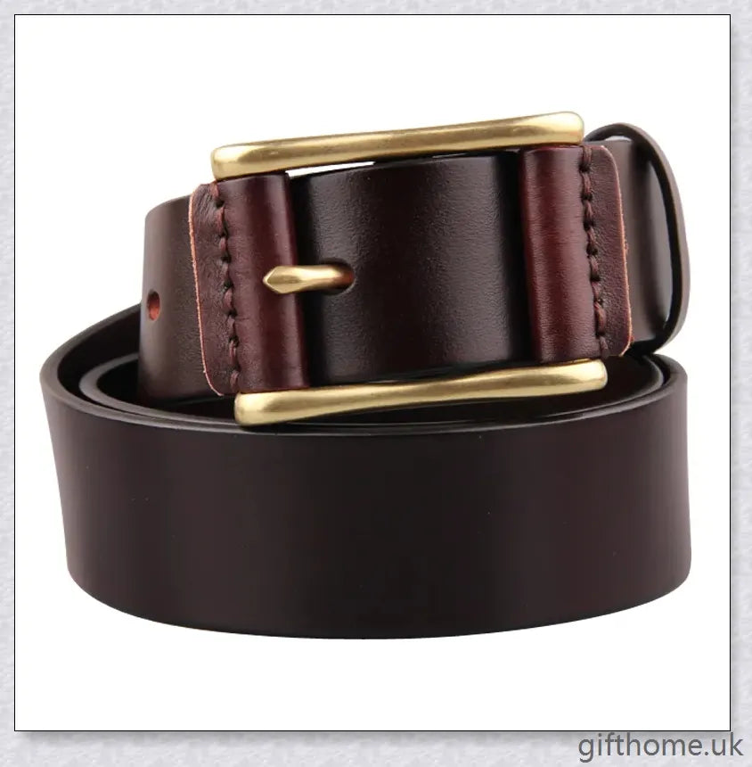 Premium leather men's belt with brass buckle and denim-inspired design, crafted in the UK for exceptional quality and style.
