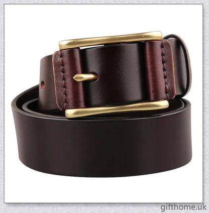 Premium leather men's belt with brass buckle and denim-inspired design, crafted in the UK for exceptional quality and style.