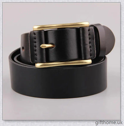 Premium leather men's belt with brass buckle and denim-inspired design, crafted in the UK for exceptional quality and style.
