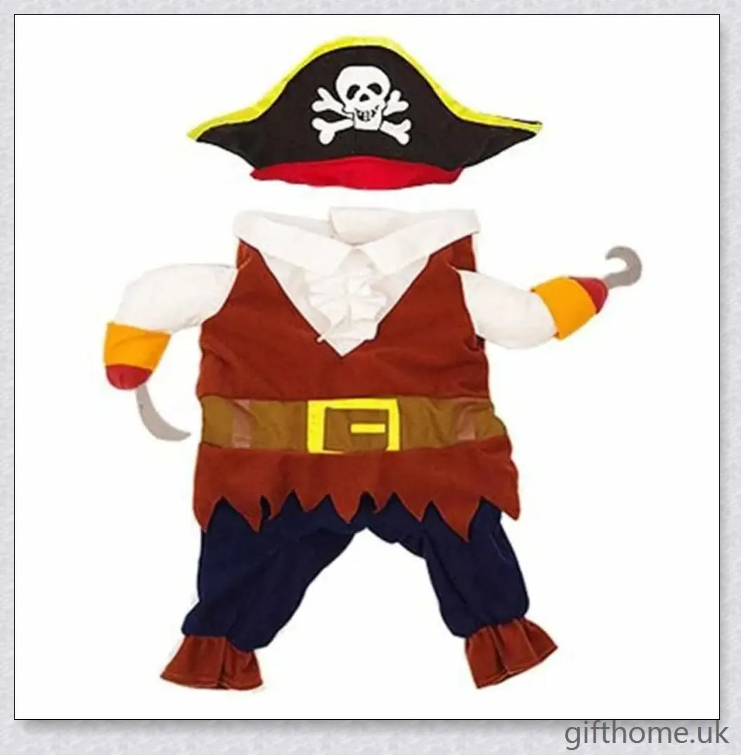 A cat or dog wearing a pirate-themed costume with a bandana, gold accents, and a miniature treasure chest