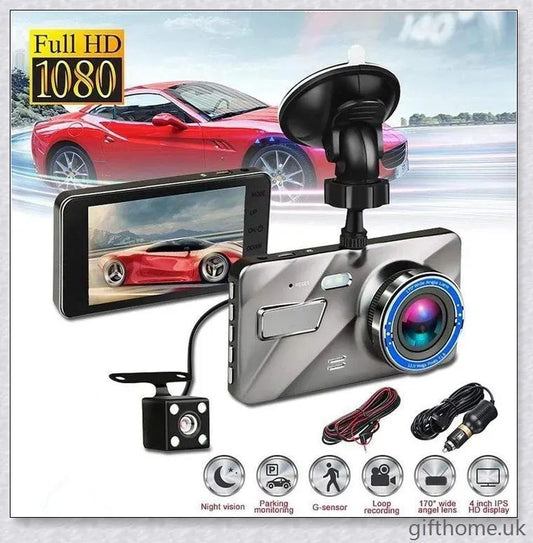 Front and Rear Dual Dash Cam Surveillance System with 1080P HD Video, 170-Degree Wide Angle Lens, and G-Sensor
