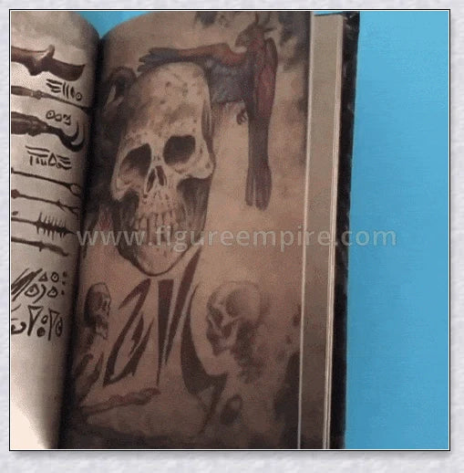 Aged Necronomicon prop with demonic face cover, perfect for dark fantasy decor