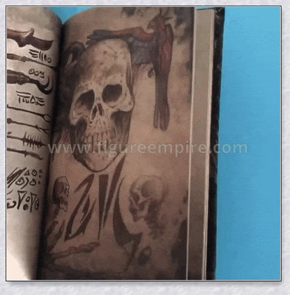 Aged Necronomicon prop with demonic face cover, perfect for dark fantasy decor