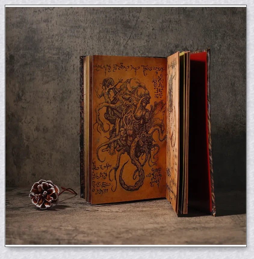 Aged Necronomicon prop with demonic face cover, perfect for dark fantasy decor