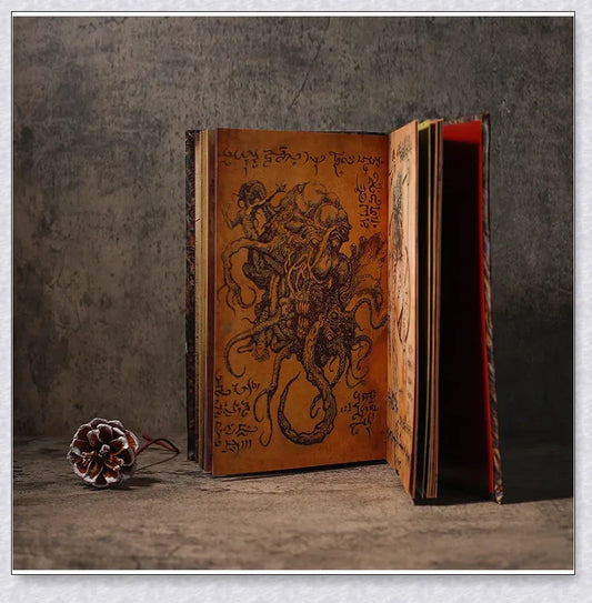 Aged Necronomicon prop with demonic face cover, perfect for dark fantasy decor