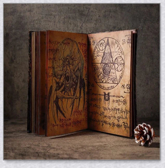 Aged Necronomicon prop with demonic face cover, perfect for dark fantasy decor
