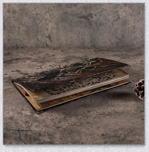 Aged Necronomicon prop with demonic face cover, perfect for dark fantasy decor