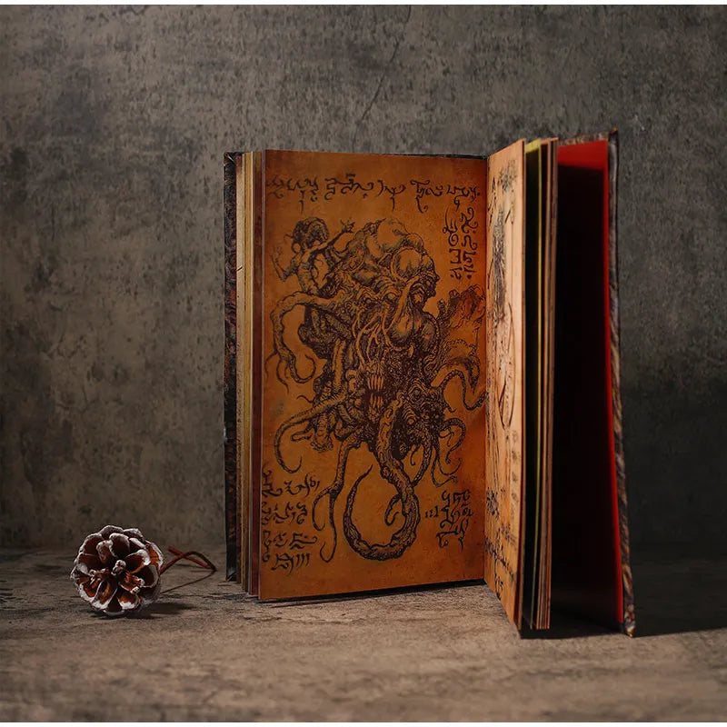 Aged Necronomicon prop with demonic face cover, perfect for dark fantasy decor