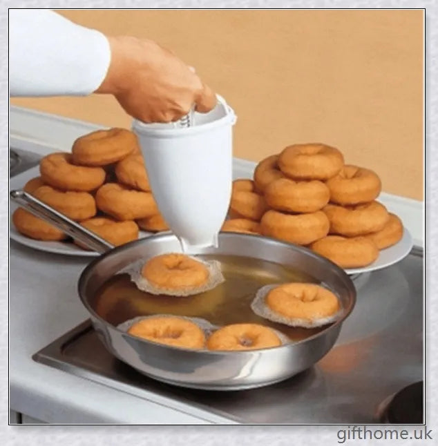 A white and stainless steel donut maker that can create full-size or mini donuts with ease