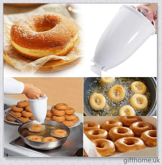 A white and stainless steel donut maker that can create full-size or mini donuts with ease